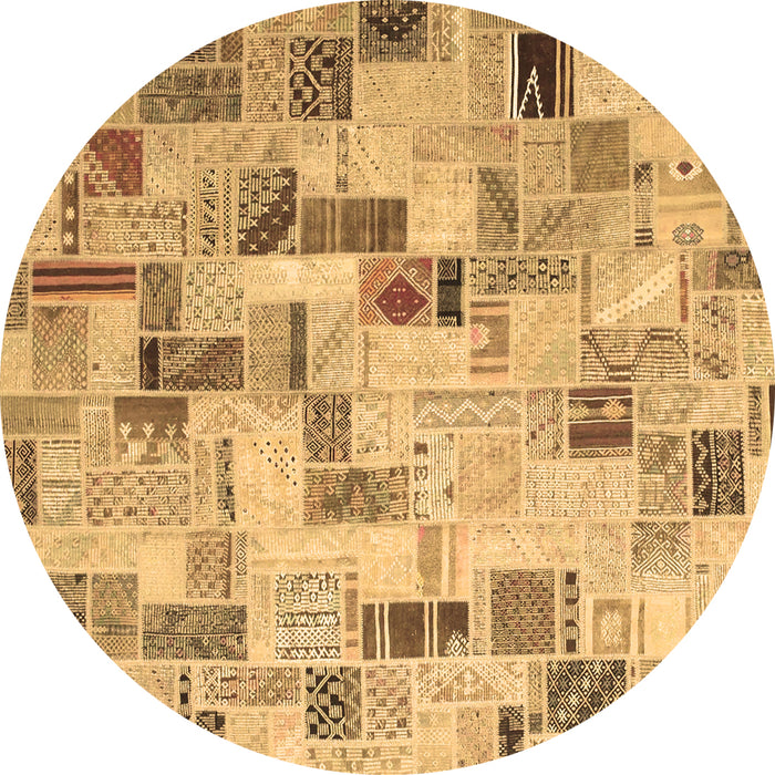 Round Machine Washable Patchwork Brown Transitional Rug, wshcon859brn