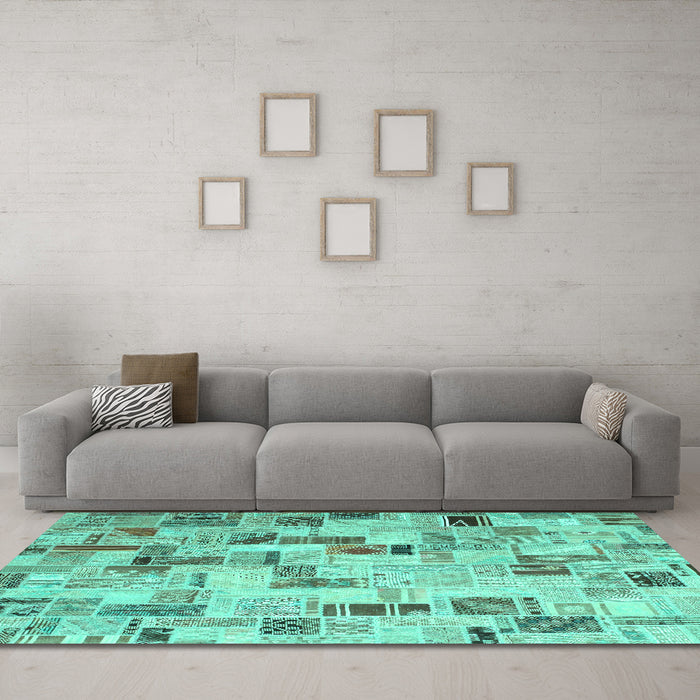 Machine Washable Patchwork Turquoise Transitional Area Rugs in a Living Room,, wshcon859turq