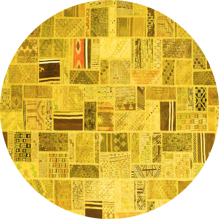Round Machine Washable Patchwork Yellow Transitional Rug, wshcon861yw
