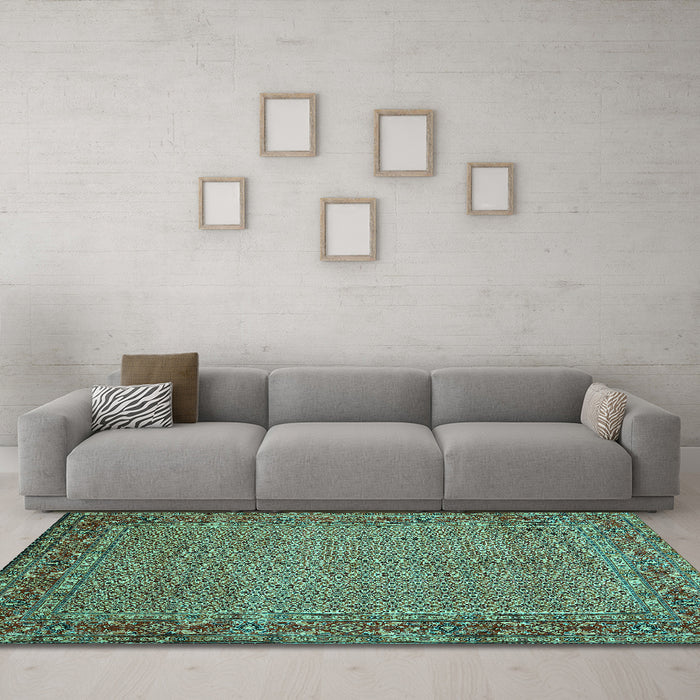 Machine Washable Abstract Turquoise Contemporary Area Rugs in a Living Room,, wshcon865turq