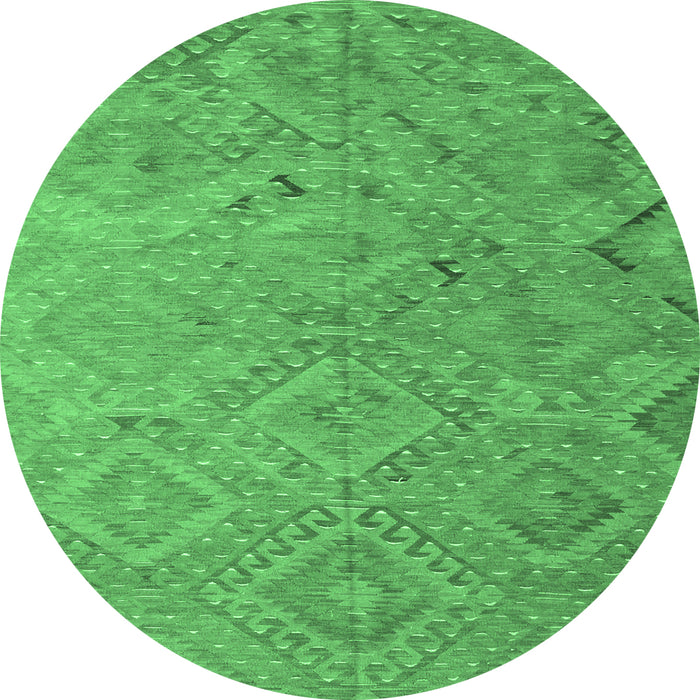 Round Machine Washable Southwestern Emerald Green Country Area Rugs, wshcon869emgrn