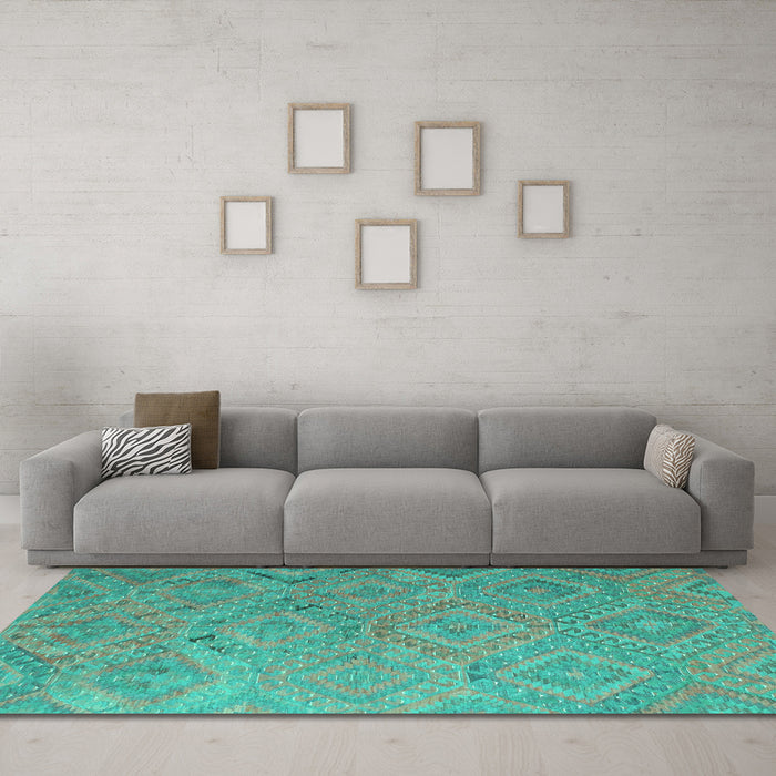 Machine Washable Southwestern Turquoise Country Area Rugs in a Living Room,, wshcon869turq