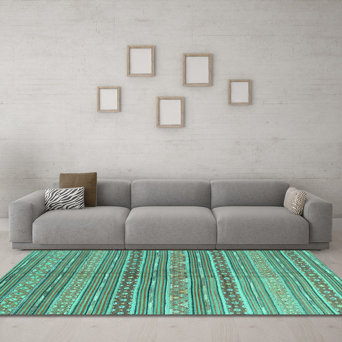 Machine Washable Abstract Turquoise Contemporary Area Rugs in a Living Room,, wshcon878turq