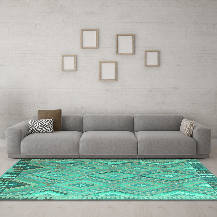 Machine Washable Southwestern Turquoise Country Area Rugs in a Living Room,, wshcon879turq
