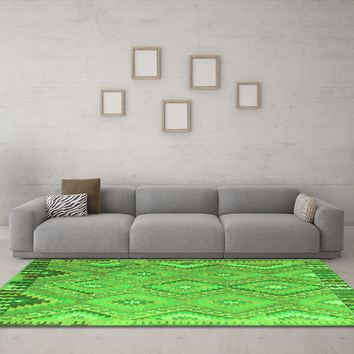 Machine Washable Southwestern Green Country Area Rugs in a Living Room,, wshcon879grn