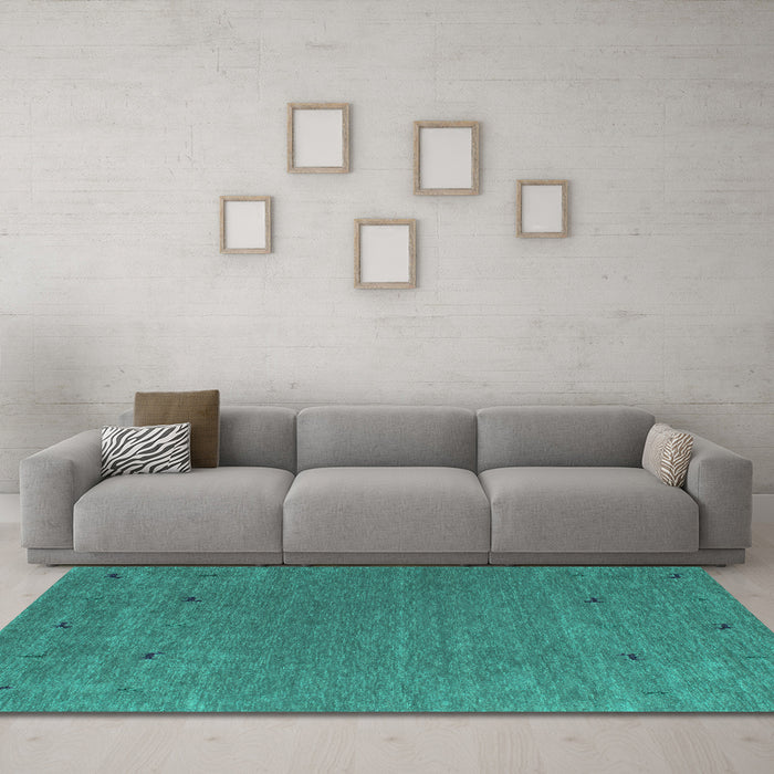 Machine Washable Abstract Turquoise Contemporary Area Rugs in a Living Room,, wshcon913turq
