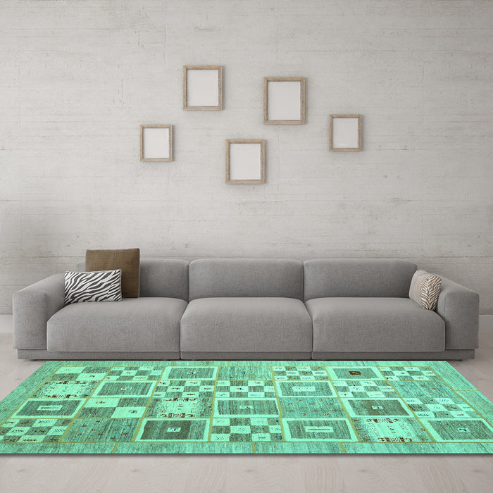 Machine Washable Abstract Turquoise Contemporary Area Rugs in a Living Room,, wshcon938turq