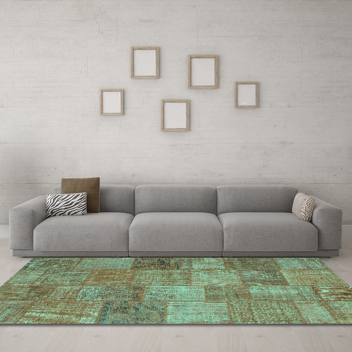 Machine Washable Patchwork Turquoise Transitional Area Rugs in a Living Room,, wshcon942turq