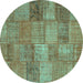 Round Machine Washable Patchwork Turquoise Transitional Area Rugs, wshcon942turq