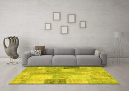 Machine Washable Patchwork Yellow Transitional Rug in a Living Room, wshcon944yw