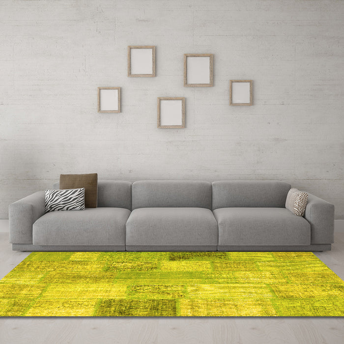 Machine Washable Patchwork Yellow Transitional Rug in a Living Room, wshcon944yw