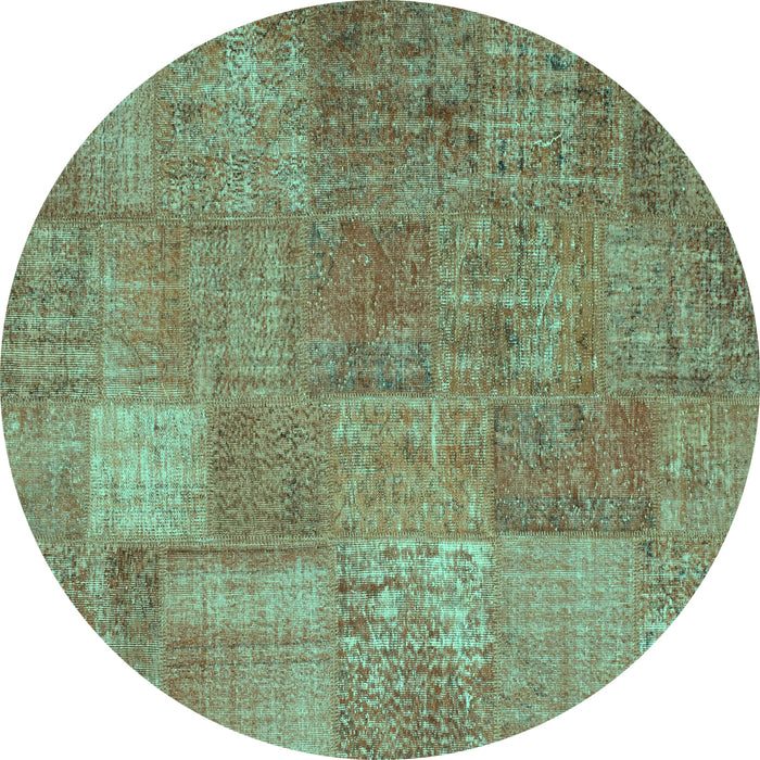 Round Machine Washable Patchwork Turquoise Transitional Area Rugs, wshcon964turq