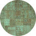 Round Machine Washable Patchwork Turquoise Transitional Area Rugs, wshcon964turq