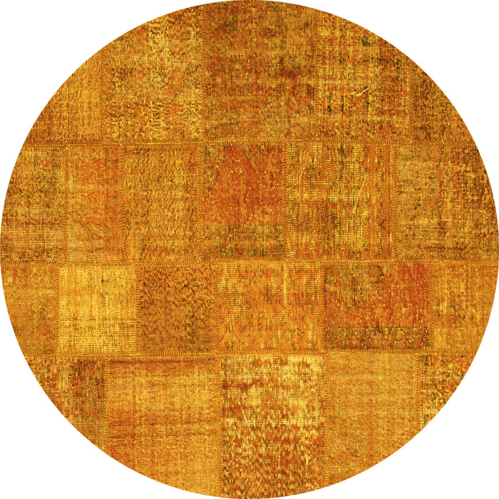 Round Machine Washable Patchwork Yellow Transitional Rug, wshcon964yw
