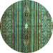 Round Machine Washable Abstract Turquoise Contemporary Area Rugs, wshcon971turq
