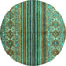 Round Machine Washable Abstract Turquoise Contemporary Area Rugs, wshcon972turq