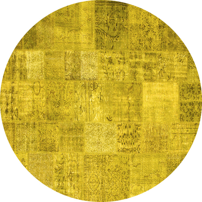 Round Machine Washable Patchwork Yellow Transitional Rug, wshcon974yw