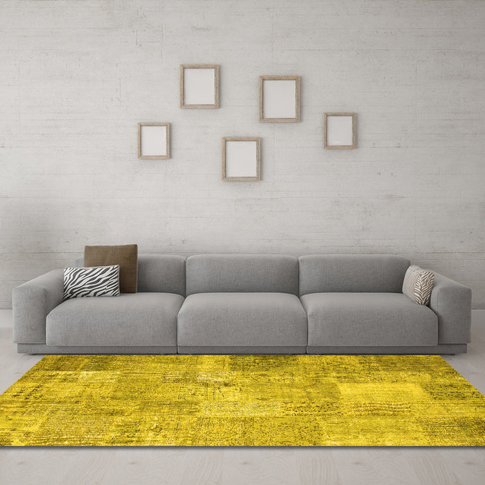 Machine Washable Patchwork Yellow Transitional Rug in a Living Room, wshcon974yw