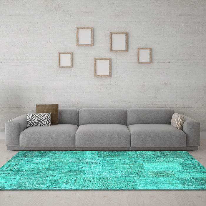 Machine Washable Patchwork Turquoise Transitional Area Rugs in a Living Room,, wshcon974turq