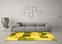 Machine Washable Patchwork Yellow Transitional Rug in a Living Room, wshcon976yw