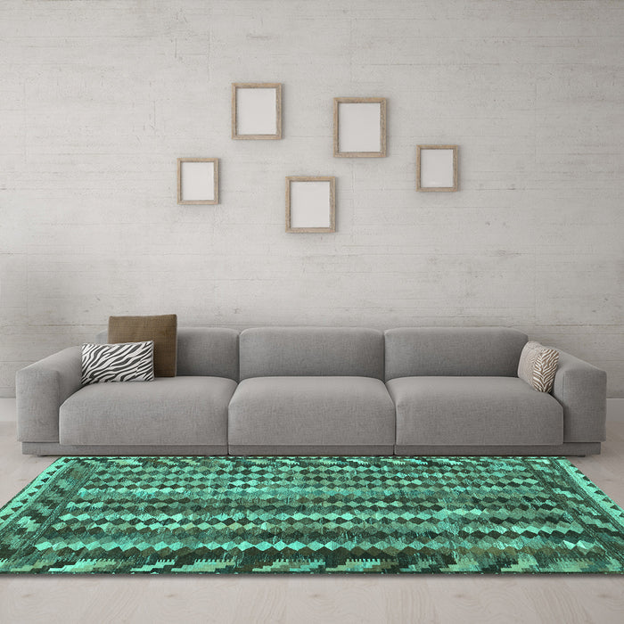 Machine Washable Abstract Turquoise Contemporary Area Rugs in a Living Room,, wshcon979turq