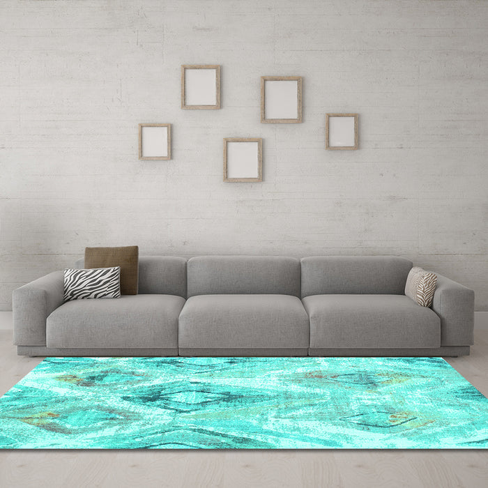 Machine Washable Abstract Turquoise Contemporary Area Rugs in a Living Room,, wshcon980turq