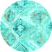 Round Machine Washable Abstract Turquoise Contemporary Area Rugs, wshcon980turq