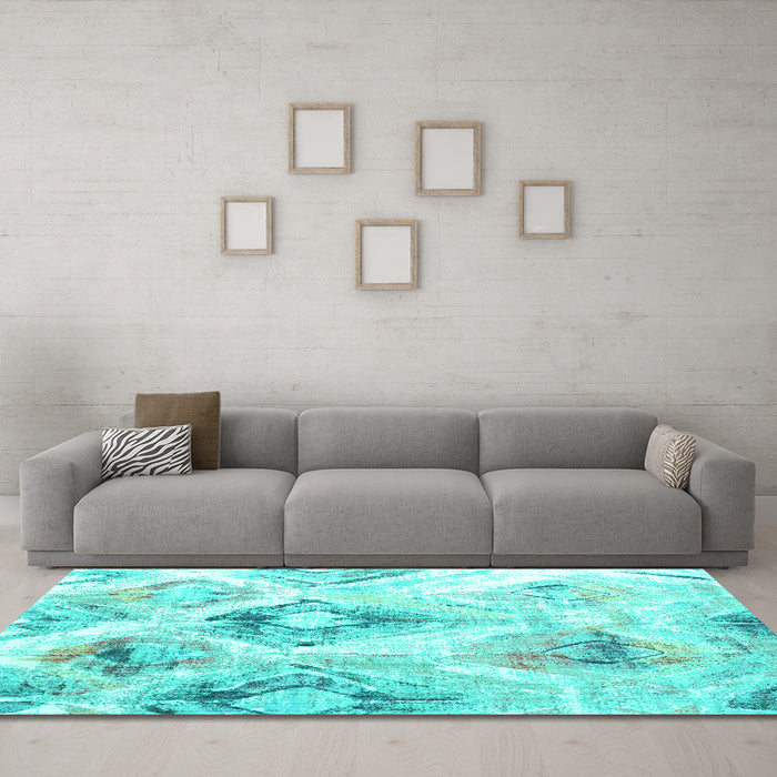Machine Washable Abstract Turquoise Contemporary Area Rugs in a Living Room,, wshcon981turq