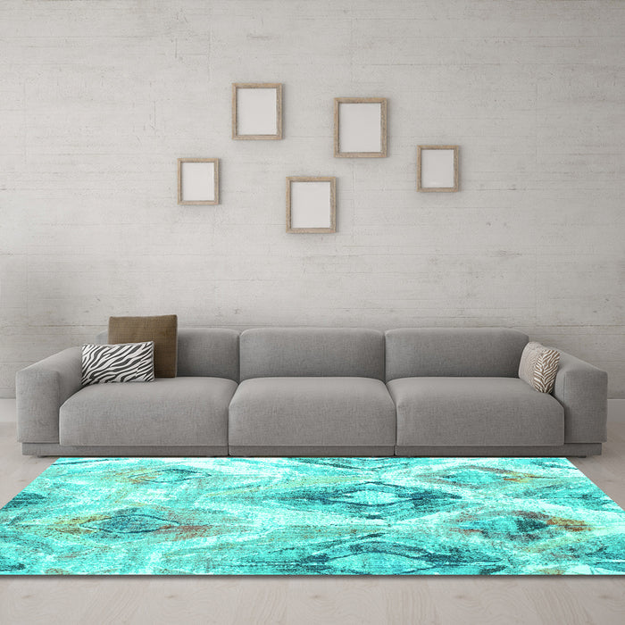 Machine Washable Abstract Turquoise Contemporary Area Rugs in a Living Room,, wshcon982turq