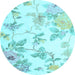 Round Machine Washable Floral Light Blue Coastal Rug, wshcon984lblu