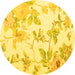 Round Machine Washable Floral Yellow Coastal Rug, wshcon984yw