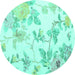 Round Machine Washable Floral Turquoise Coastal Area Rugs, wshcon984turq