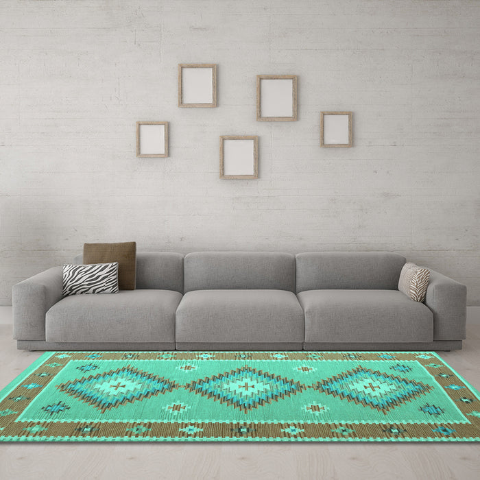 Machine Washable Oriental Turquoise Traditional Area Rugs in a Living Room,, wshcon992turq