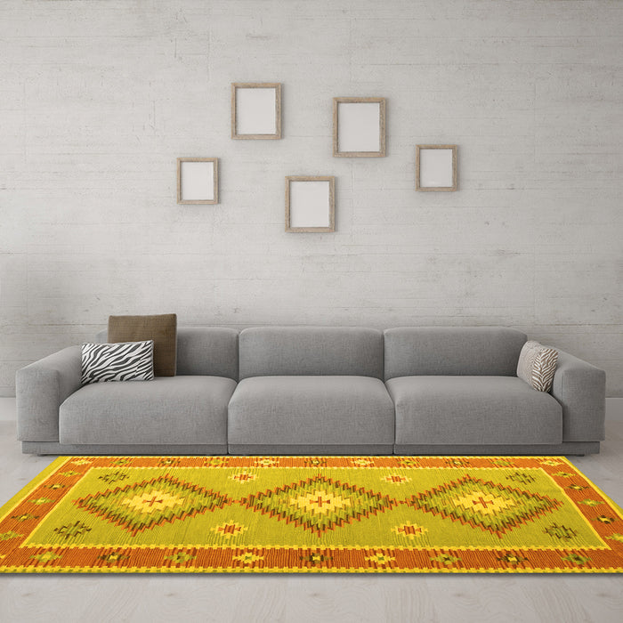 Machine Washable Oriental Yellow Traditional Rug in a Living Room, wshcon992yw