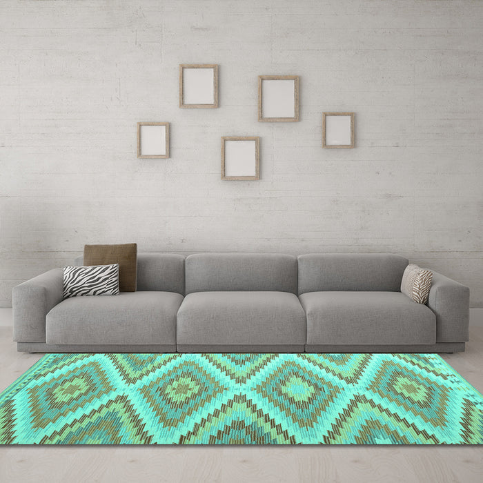 Machine Washable Southwestern Turquoise Country Area Rugs in a Living Room,, wshcon993turq