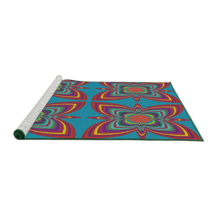 Serging Thickness of Machine Washable Transitional Macaw Blue Green Rug, wshpat1438