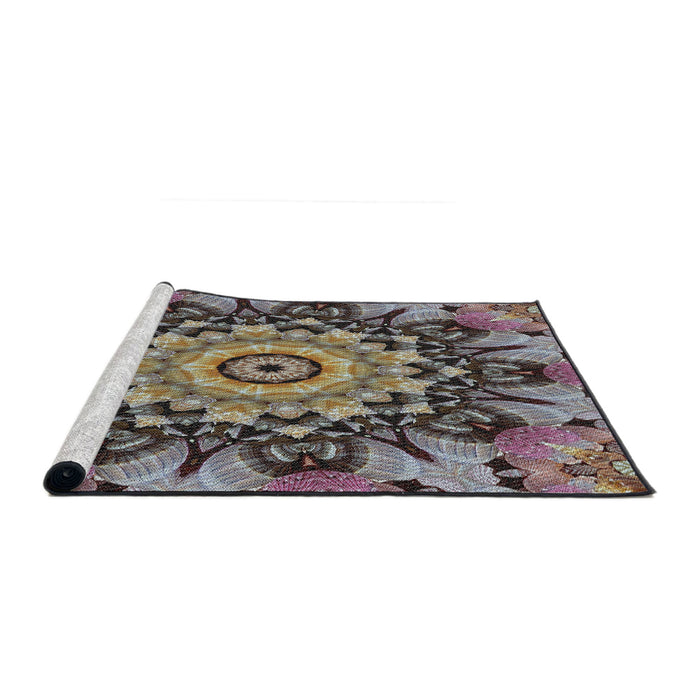 Serging Thickness of Machine Washable Transitional Burgundy Brown Rug, wshpat194