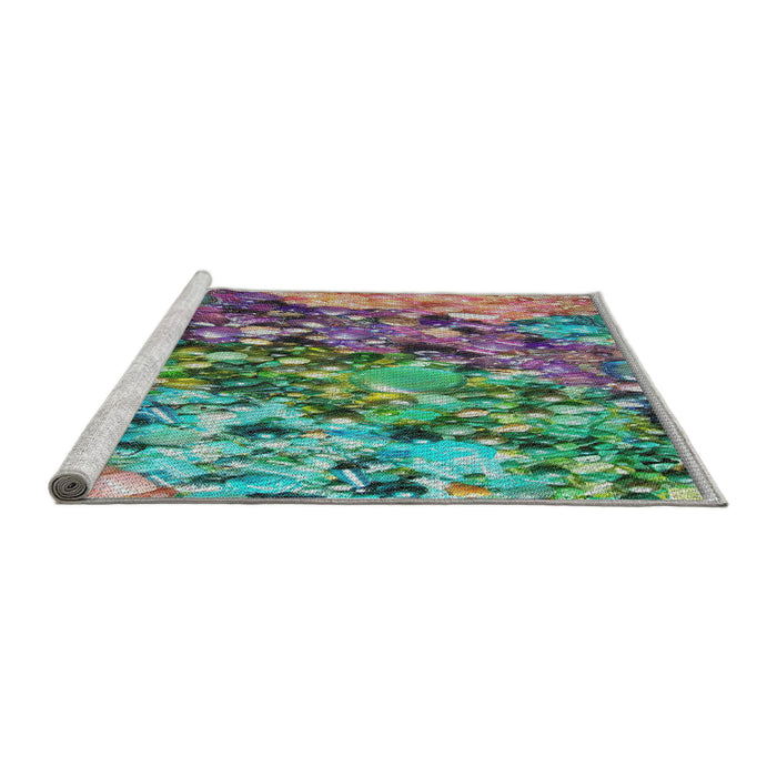 Serging Thickness of Machine Washable Transitional Blue Green Rug, wshpat2056