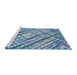 Serging Thickness of Machine Washable Transitional Coral Blue Rug, wshpat2598