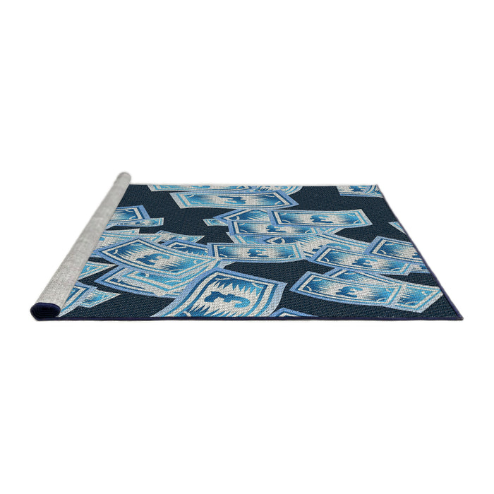Serging Thickness of Machine Washable Transitional Blue Rug, wshpat2976