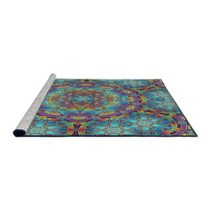 Serging Thickness of Machine Washable Transitional Blue Green Rug, wshpat3675