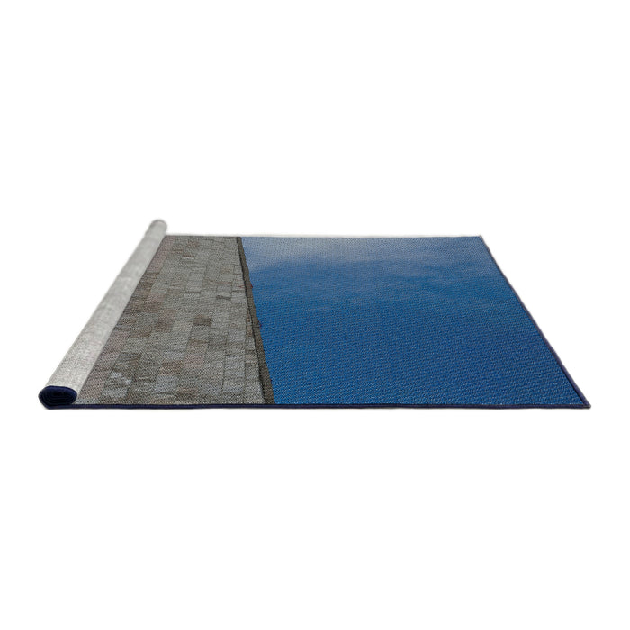 Serging Thickness of Machine Washable Transitional Blue Rug, wshpat3854