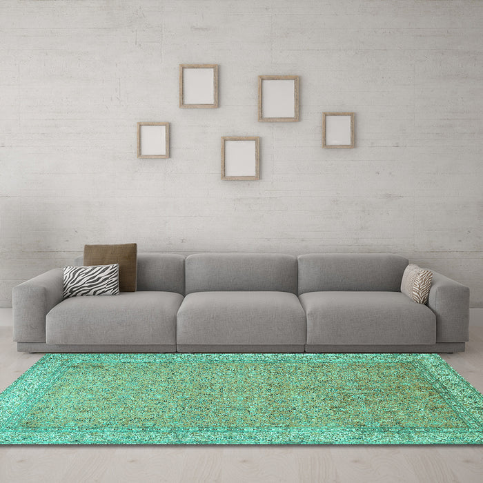 Machine Washable Persian Turquoise Traditional Area Rugs in a Living Room,, wshtr1000turq