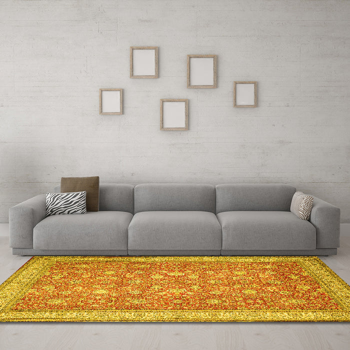 Machine Washable Persian Yellow Traditional Rug in a Living Room, wshtr1001yw