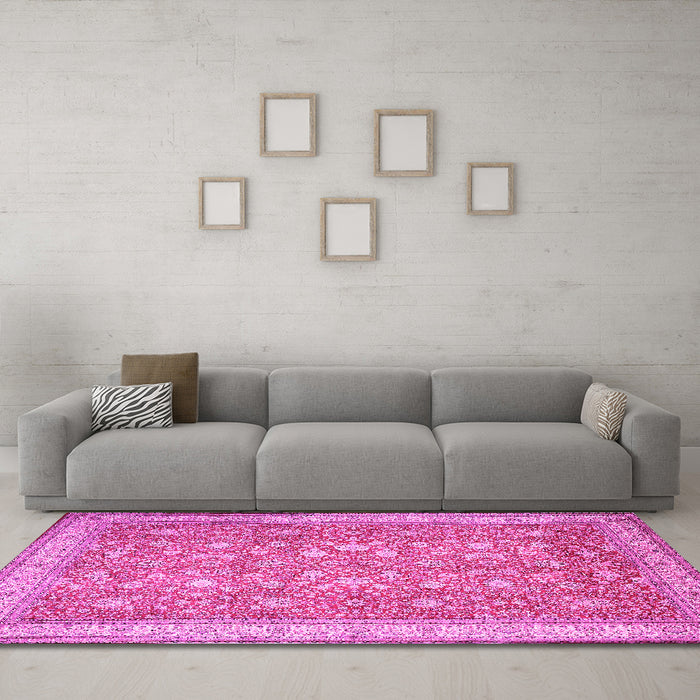 Machine Washable Persian Pink Traditional Rug in a Living Room, wshtr1001pnk