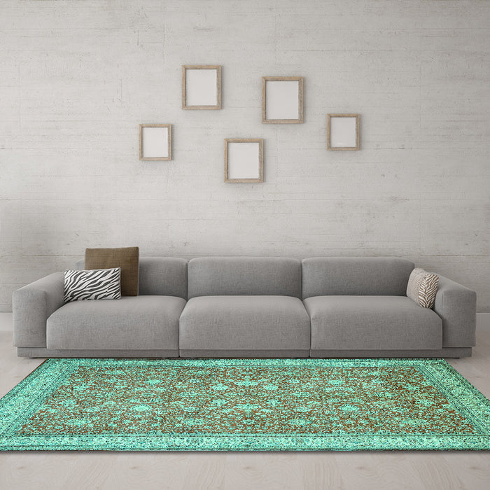 Machine Washable Persian Turquoise Traditional Area Rugs in a Living Room,, wshtr1001turq