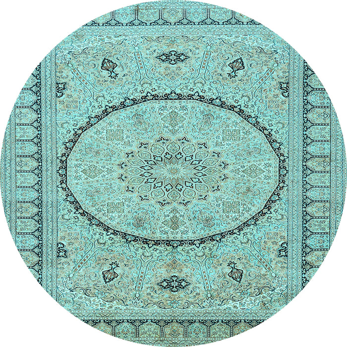 Round Machine Washable Medallion Light Blue Traditional Rug, wshtr1003lblu