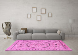 Machine Washable Medallion Pink Traditional Rug in a Living Room, wshtr1003pnk