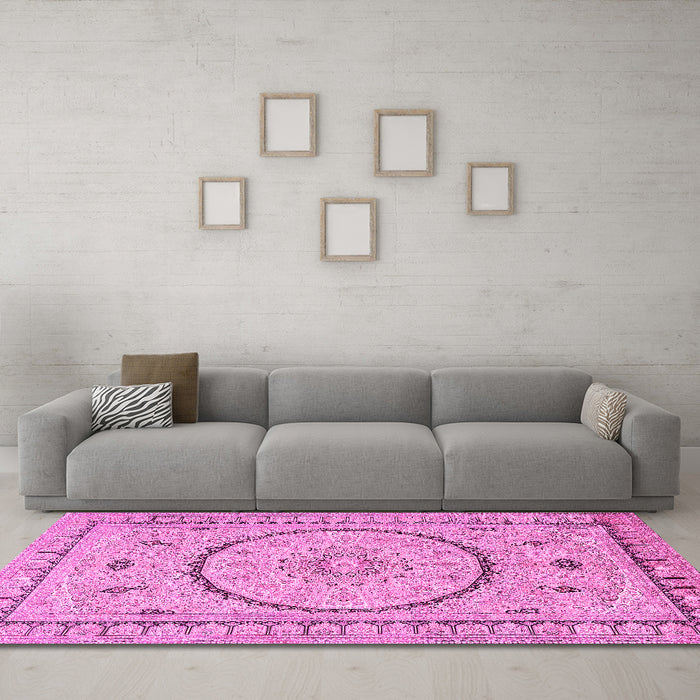 Machine Washable Medallion Pink Traditional Rug in a Living Room, wshtr1003pnk