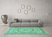 Machine Washable Medallion Turquoise Traditional Area Rugs in a Living Room,, wshtr1003turq